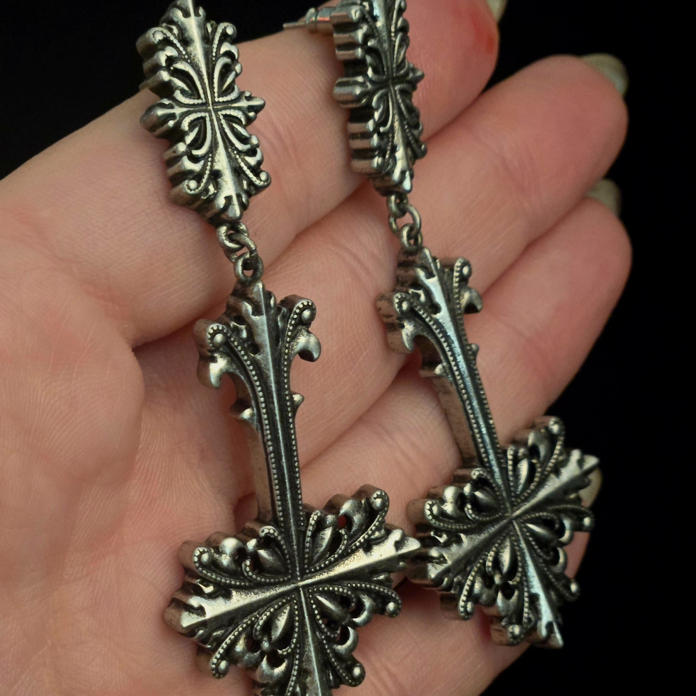 Antique Style Silver Cross Earrings - Picture 5 of 5